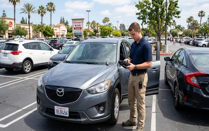 Auto locksmith using key programming device next to a car in a Pleasanton California parking lot