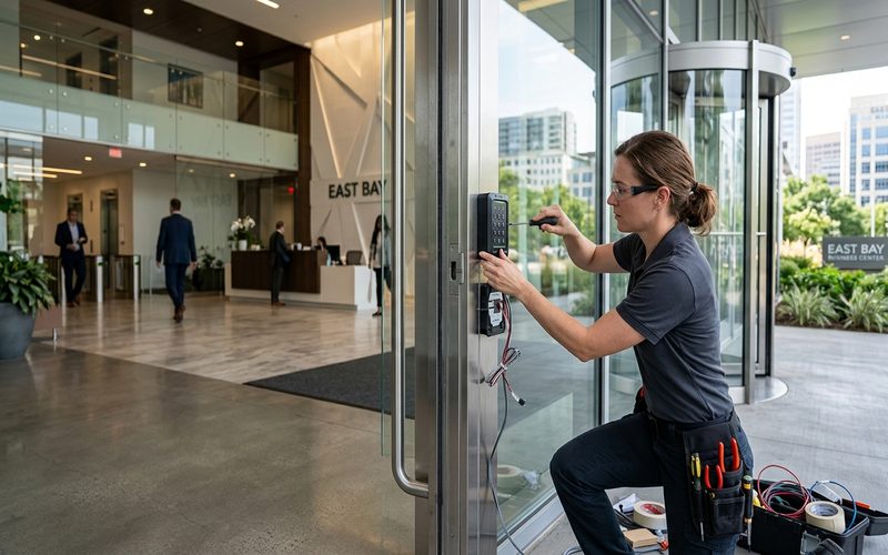 Locksmith installing access control keypad at an East Bay commercial building entrance