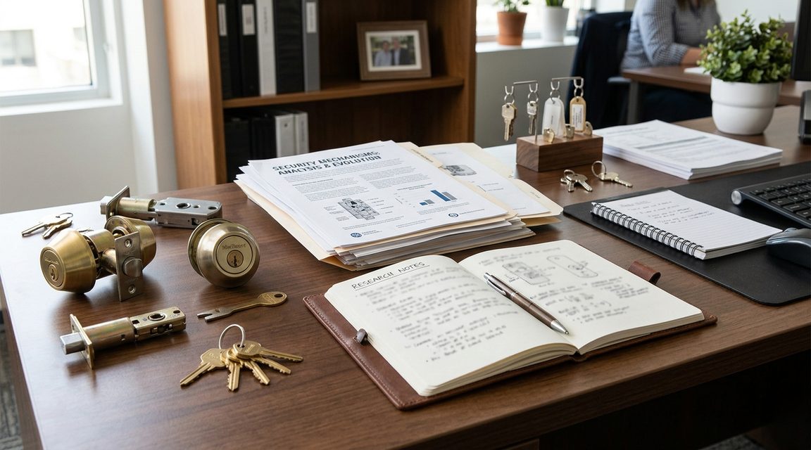 Lock hardware and research documents on a professional desk