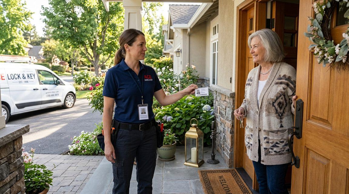Locksmith showing BSIS credential to homeowner at door