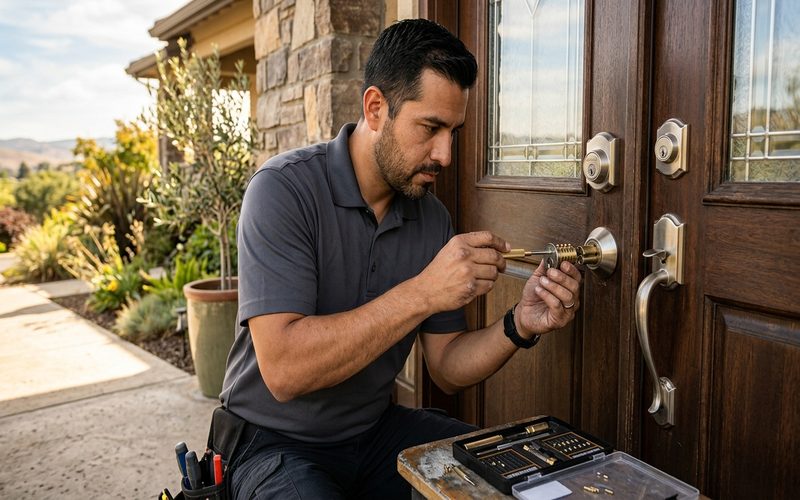 Locksmith rekeying a deadbolt at a Pleasanton residential home front door